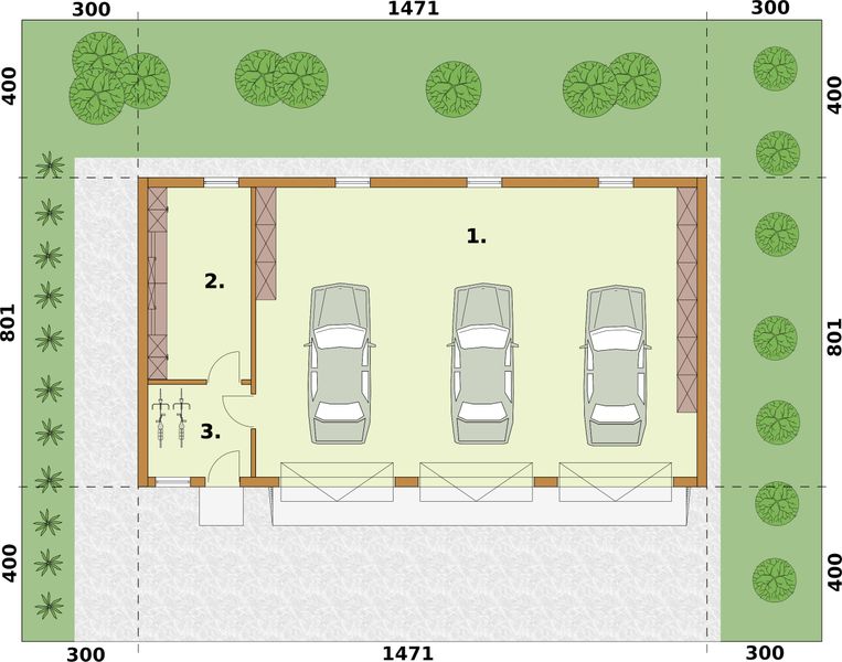 Parter projektu G38 szkielet drewniany, garaż trzystanowiskowy z pomieszczeniami gospodarczymi