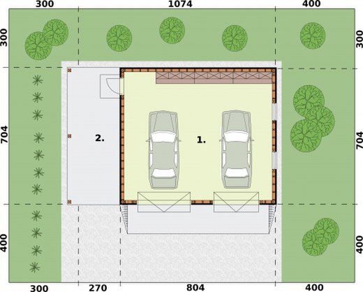 Parter projektu G6 szkielet drewniany, garaż dwustanowiskowy z wiatą garażową jednostanowiskową