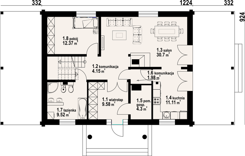 Projekt domu Chmielniki małe dw 22 - rzut parteru, dom liczy 4 pokoje, 2 łazienki i wc