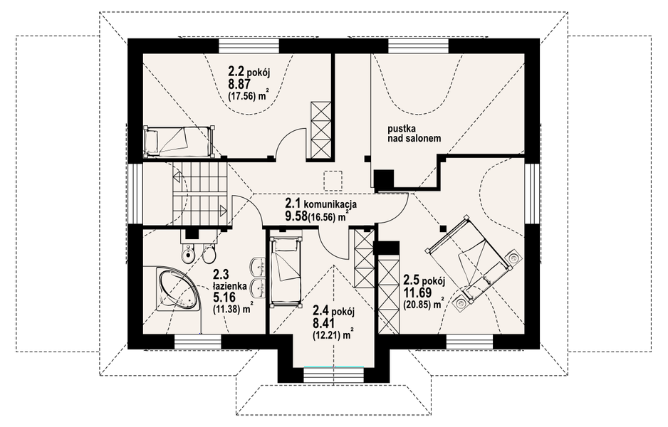 Projekt domu Chmielniki małe dw 22 - rzut poddasza, dom liczy 4 pokoje, 2 łazienki i wc