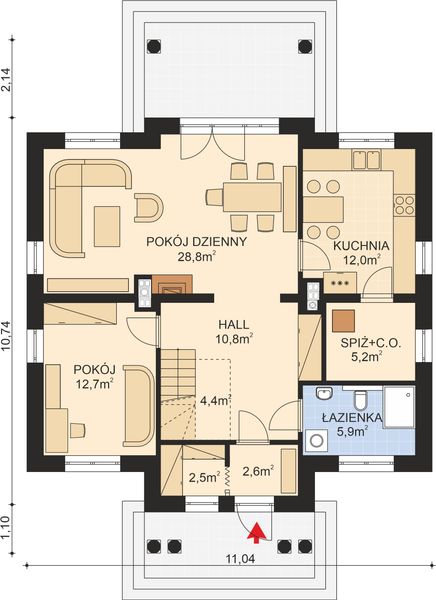 Projekt domu APS 134 - rzut parteru, dom liczy 4 pokoje, 2 łazienki i wc