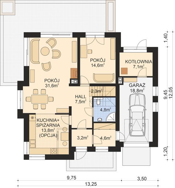 Projekt domu APS 252 - rzut parteru, dom liczy 5 pokoje, 2 łazienki i wc