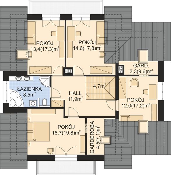 Projekt domu APS 252 - rzut poddasza, dom liczy 5 pokoje, 2 łazienki i wc