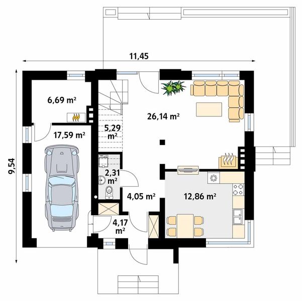 Projekt domu Kawka 2 - rzut parteru, dom liczy 3 pokoje, 2 łazienki i wc