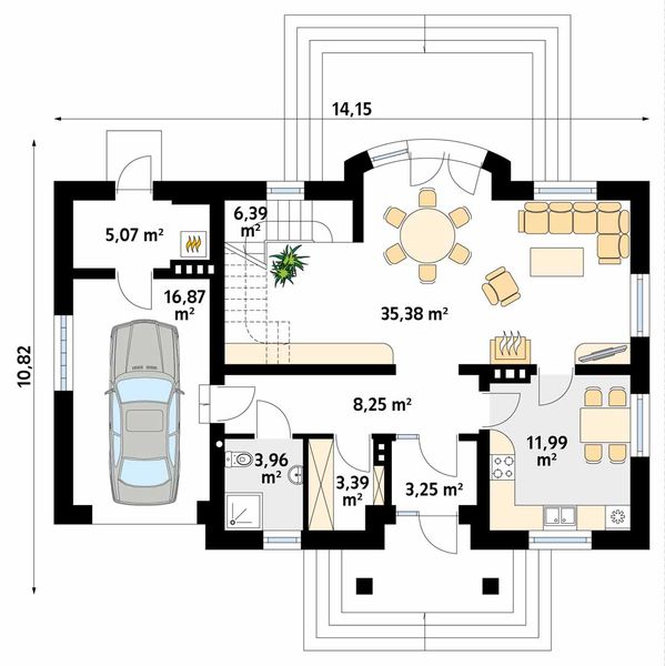 Projekt domu Szafran - rzut parteru, dom liczy 3 pokoje, 2 łazienki i wc