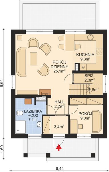 Projekt domu APS 124 - rzut parteru, dom liczy 4 pokoje, 2 łazienki i wc