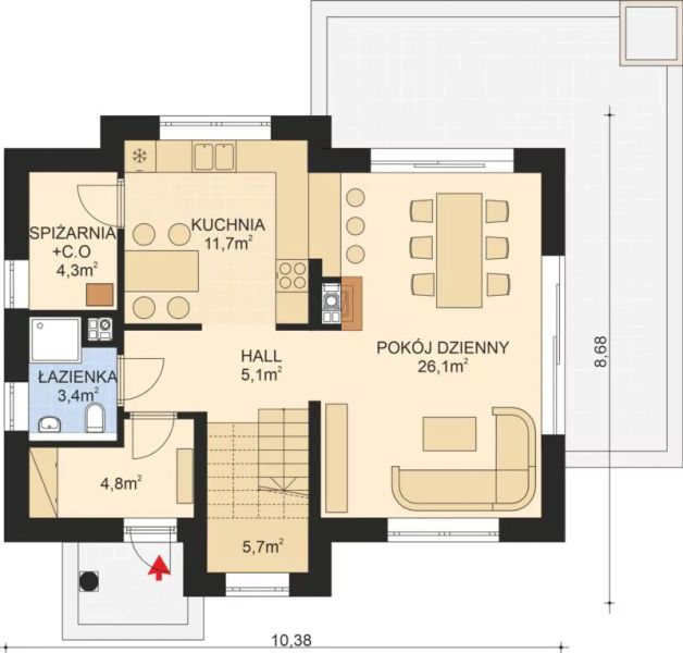 Projekt domu APS 141 NEW - rzut parteru, dom liczy 3 pokoje, 2 łazienki i wc