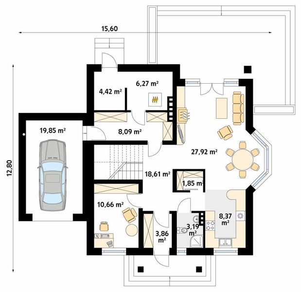 Projekt domu Wilga - rzut parteru, dom liczy 4 pokoje, 2 łazienki i wc