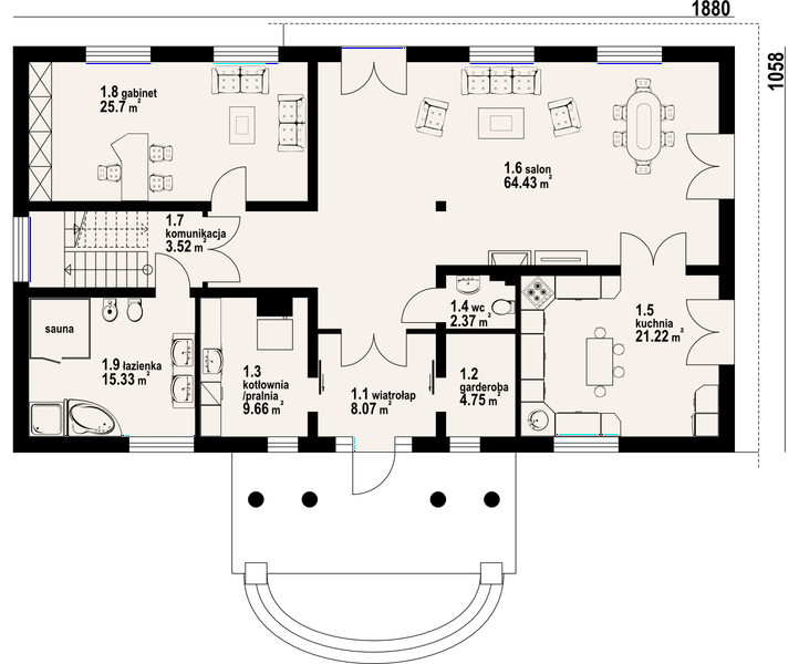 Projekt domu Chmielniki 22 - rzut parteru, dom liczy 6 pokoje, 2 łazienki i wc