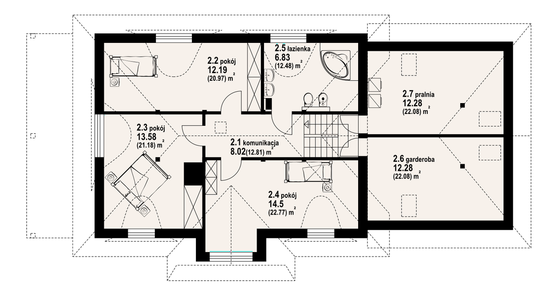 Projekt domu Chmielniki małe dw 29 - rzut poddasza, dom liczy 5 pokoje, 2 łazienki i wc