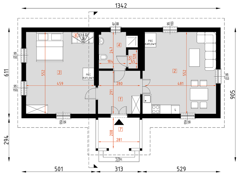 Projekt domu D215 - rzut parteru, dom liczy 1 pokoje, 1 łazienki i wc