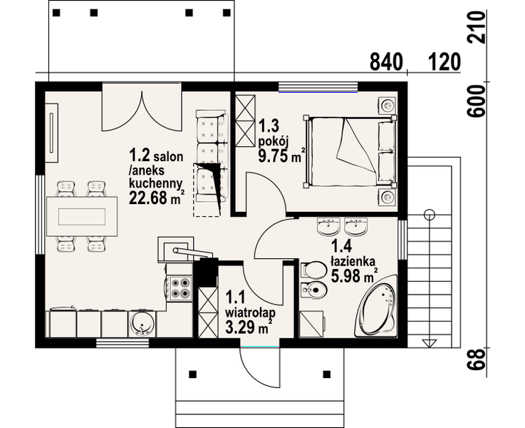 Projekt domu letniskowego Hoczew mała 9 dws - rzut parteru, dom liczy 1 pokoje, 1 łazienki i wc