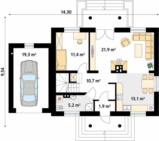 Projekt domu Azalia 2 - rzut parteru, dom liczy 4 pokoje, 2 łazienki i wc