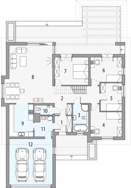 Projekt domu Tytus 2d - rzut parteru, dom liczy 6 pokoje, 3 łazienki i wc
