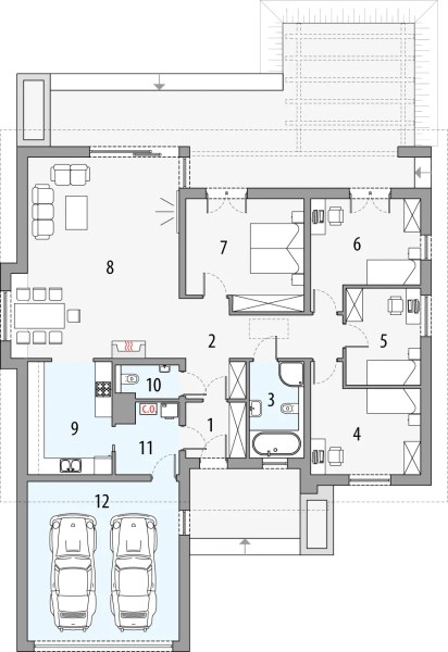 Projekt domu Tytus 2b - rzut parteru, dom liczy 4 pokoje, 2 łazienki i wc