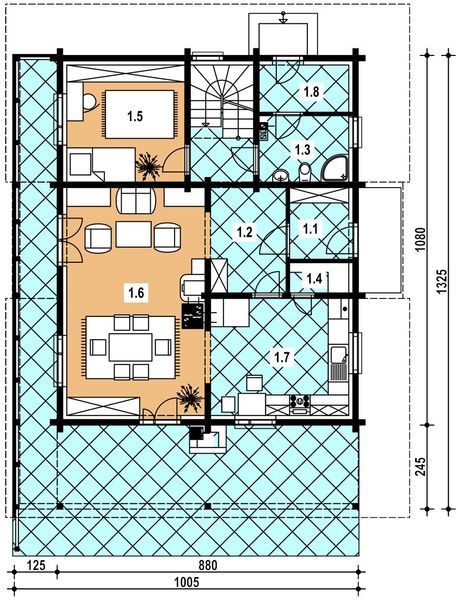 Projekt domu A-137 Dom sokola - szkieletowy - rzut parteru, dom liczy 5 pokoje, 2 łazienki i wc