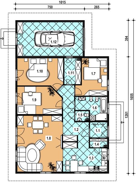 Projekt domu A-134 Dom południowa - z bali - rzut parteru, dom liczy 3 pokoje, 2 łazienki i wc