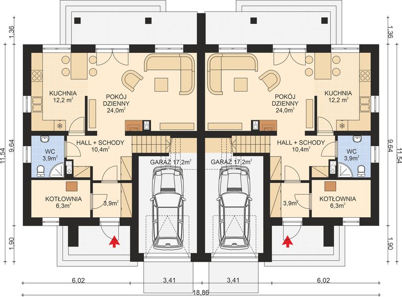 Projekt domu APS 107 dwulokalowy - rzut parteru, dom liczy 6 pokoje, 4 łazienki i wc