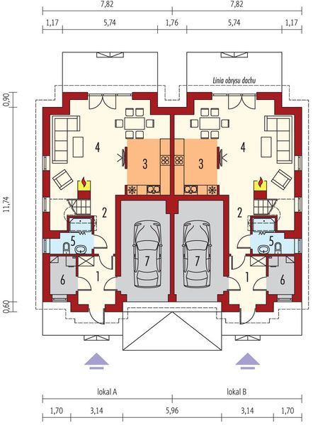 Projekt domu Sambor G2 (dwulokalowy) - rzut parteru, dom liczy 3 pokoje, 2 łazienki i wc