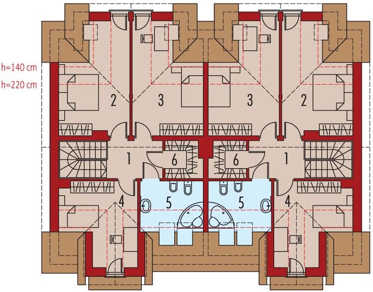 Projekt domu Sambor G2 (dwulokalowy) - rzut poddasza, dom liczy 3 pokoje, 2 łazienki i wc