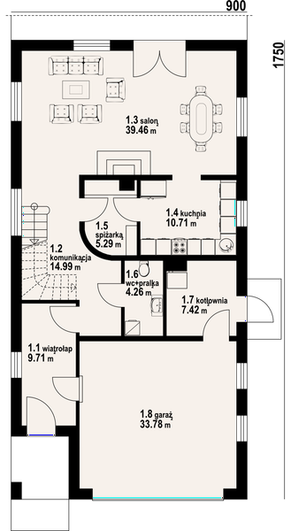 Projekt domu Wąsowo mg2 - rzut parteru, dom liczy 3 pokoje, 3 łazienki i wc