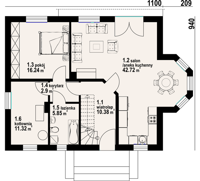 Projekt domu Sadowo - rzut parteru, dom liczy 5 pokoje, 2 łazienki i wc