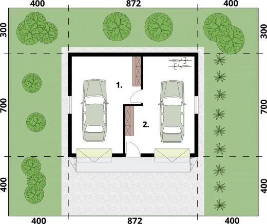 Parter projektu G11 garaż dwustanowiskowy