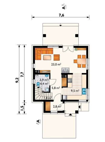 Projekt domu Groszek (1513) - rzut parteru, dom liczy 2 pokoje, 2 łazienki i wc