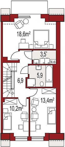 Projekt domu Diana A segment prawy - rzut poddasza, dom liczy 3 pokoje, 3 łazienki i wc