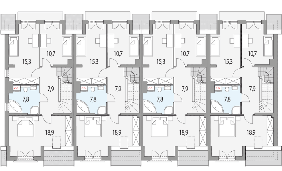 Piętro 1 projektu Hubert 2 - szereg l+s+s+p