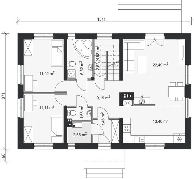 Projekt domu Alcamo Termo - rzut parteru, dom liczy 6 pokoje, 3 łazienki i wc