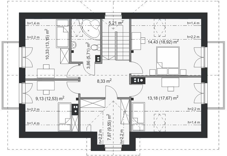 Projekt domu Alcamo Termo - rzut poddasza, dom liczy 6 pokoje, 3 łazienki i wc