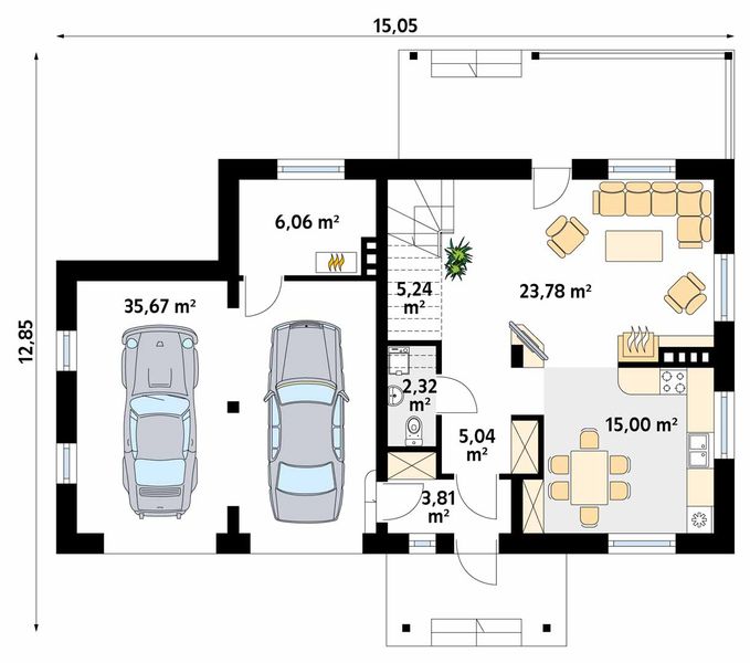 Projekt domu Kawka 3 - rzut parteru, dom liczy 3 pokoje, 2 łazienki i wc