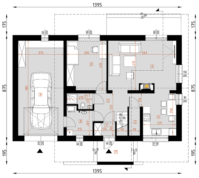 Projekt domu D221 - rzut parteru, dom liczy 4 pokoje, 2 łazienki i wc