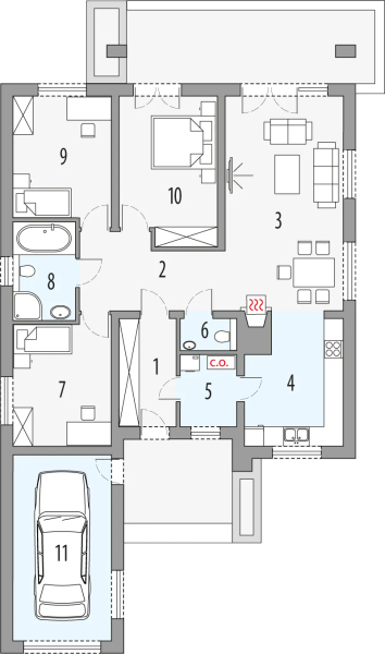 Projekt domu Małgosia bb - rzut parteru, dom liczy 3 pokoje, 2 łazienki i wc