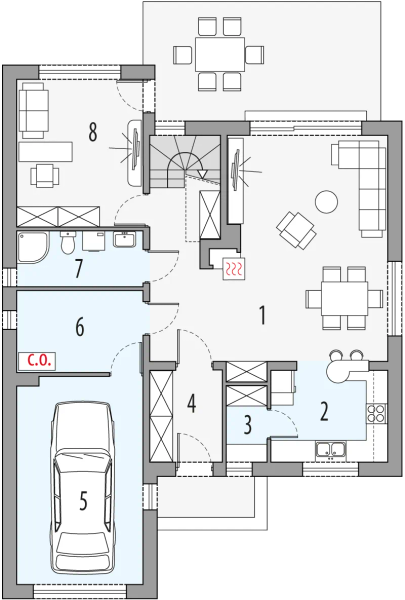 Projekt domu Vivien A - rzut parteru, dom liczy 4 pokoje, 2 łazienki i wc