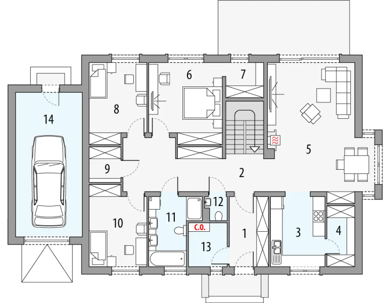 Projekt domu Katia b1g - rzut parteru, dom liczy 6 pokoje, 3 łazienki i wc