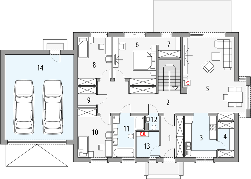 Projekt domu Katia b2g - rzut parteru, dom liczy 6 pokoje, 3 łazienki i wc