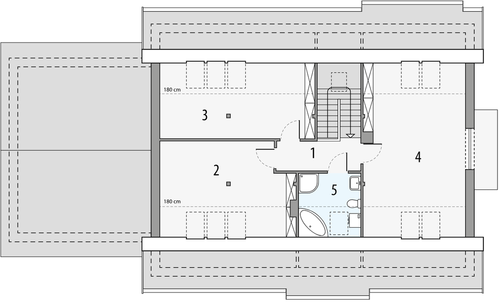 Projekt domu Katia b2g - rzut poddasza, dom liczy 6 pokoje, 3 łazienki i wc