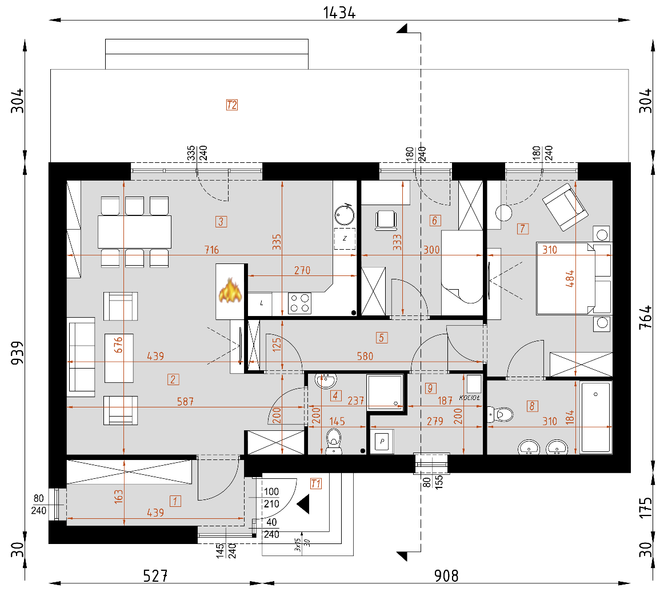 Projekt domu D193B - rzut parteru, dom liczy 2 pokoje, 2 łazienki i wc
