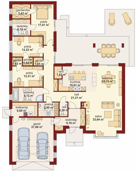 Projekt domu Domena 115 B - rzut parteru, dom liczy 3 pokoje, 3 łazienki i wc