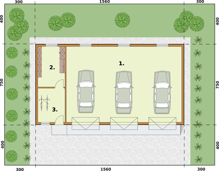 Parter projektu G217 szkielet drewniany garaż trzystanowiskowy z pomieszczeniami gospodarczymi