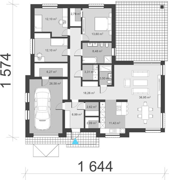 Projekt domu uA51 - rzut parteru, dom liczy 3 pokoje, 2 łazienki i wc