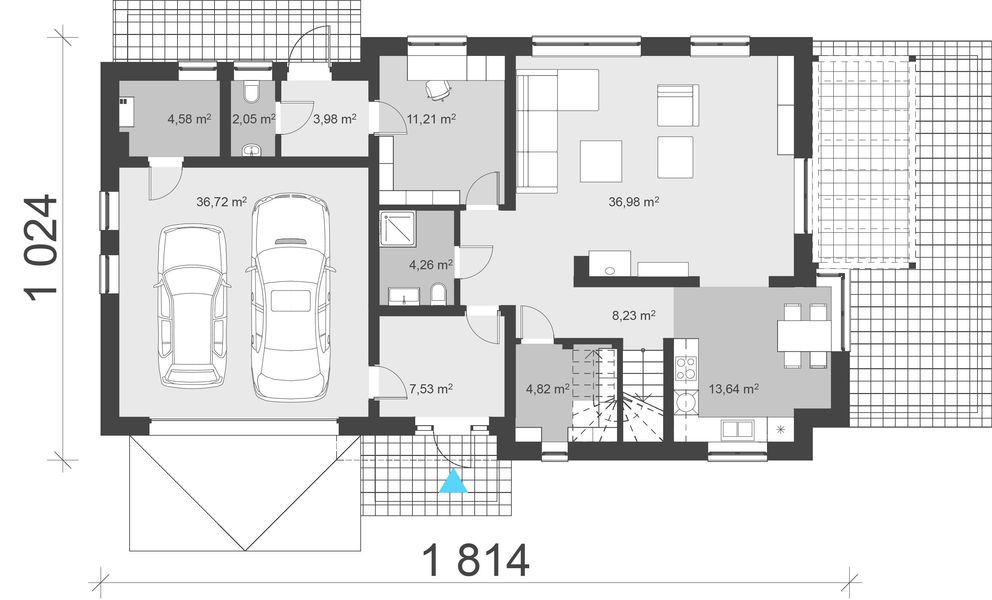Projekt domu uA44 - rzut parteru, dom liczy 4 pokoje, 3 łazienki i wc