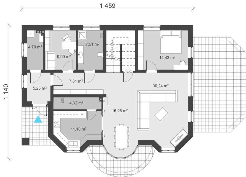 Projekt domu uA20 - rzut parteru, dom liczy 6 pokoje, 5 łazienki i wc