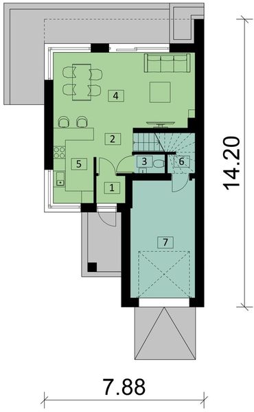 Projekt domu KA28 S - rzut parteru, dom liczy 3 pokoje, 2 łazienki i wc