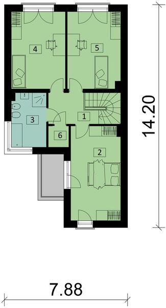 Projekt domu KA28 S - rzut 1 piętra, dom liczy 3 pokoje, 2 łazienki i wc