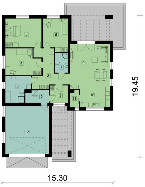 Projekt domu KA22 - rzut parteru, dom liczy 3 pokoje, 2 łazienki i wc