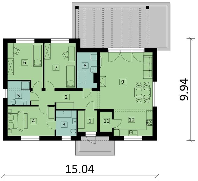 Projekt domu KA21 - rzut parteru, dom liczy 3 pokoje, 2 łazienki i wc