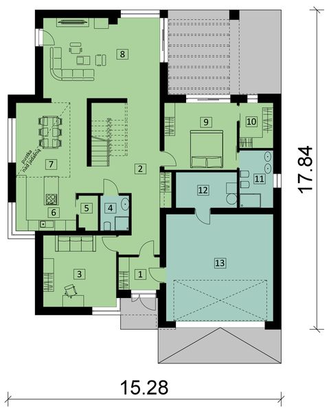 Projekt domu KA57 - rzut parteru, dom liczy 5 pokoje, 3 łazienki i wc
